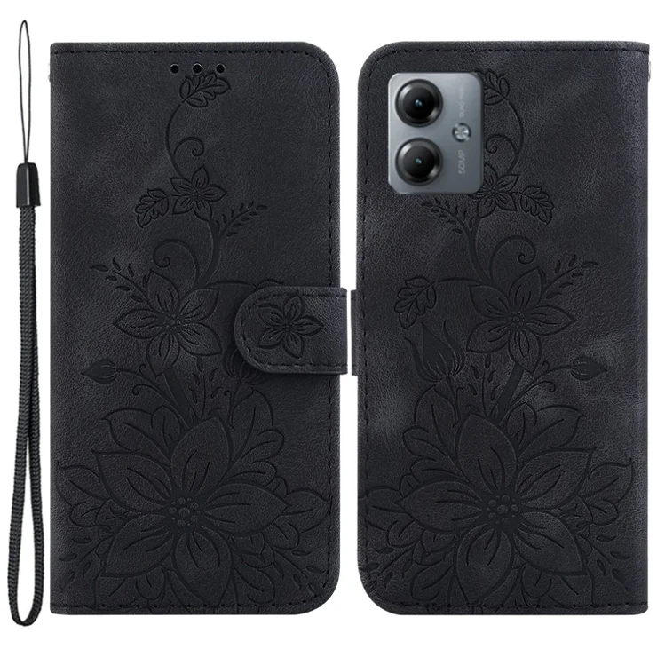 For Motorola Moto G14 4G Lily Flower Imprint Cover PU Leather Wallet Stand Drop-proof Case - Black