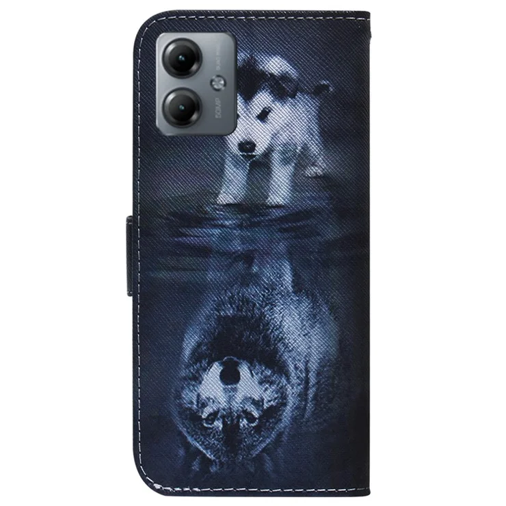 For Motorola Moto G14 4G Pattern Printing Leather Cover Stand Wallet Phone Case - Dog and Wolf