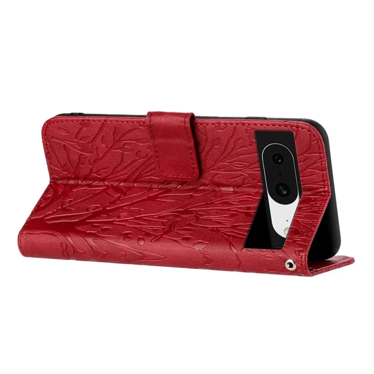For Google Pixel 8 Leather Case Tree Bird Imprint Flip Stand Wallet Phone Cover - Red