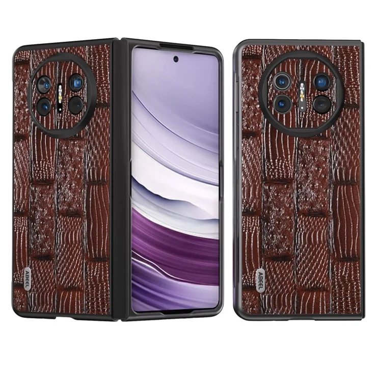 ABEEL For Huawei Mate X5 Case Mahjong Texture Genuine Cow Leather Back Phone Cover - Brown