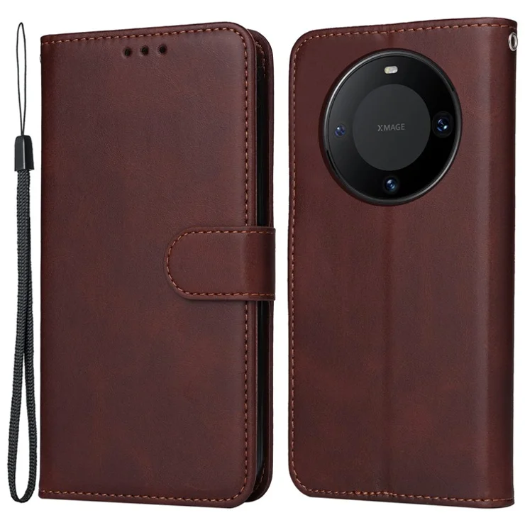 For Huawei Mate 60 Pro Case Calf Texture Wallet Stand PU Leather Protection Cell Phone Cover - Brown