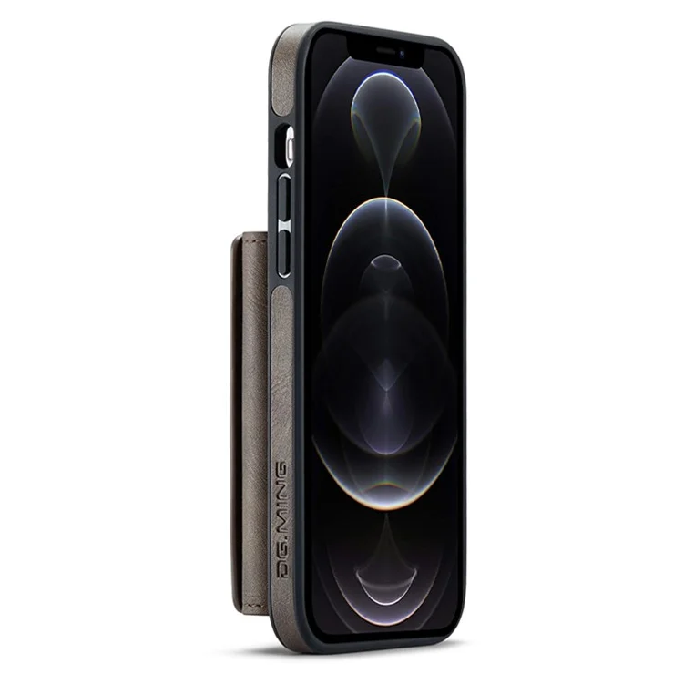 DG.MING M5 Series For iPhone 12 / 12 Pro Case Tri-fold Wallet PU+PC+TPU Phone Cover - Coffee