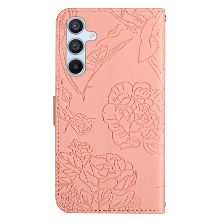 HT03 For Samsung Galaxy A05s 4G Cover PU Leather Wallet Imprint Flower Phone Case with Wrist Strap - Pink