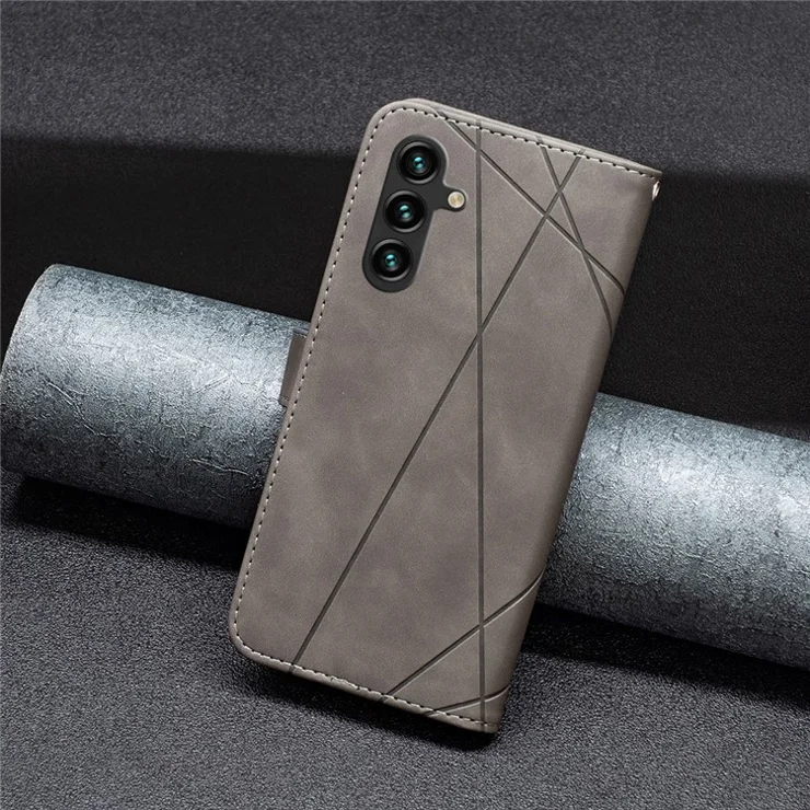 BINFEN COLOR For Samsung Galaxy A15 4G Phone Cases Wallet Stand Geometry Imprinted Leather Cover - Grey