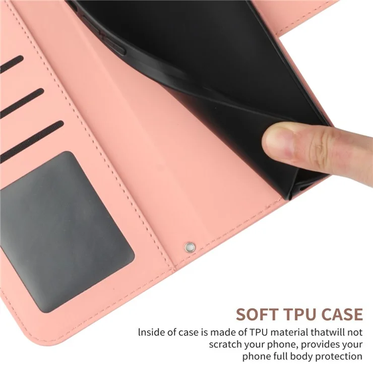 HT04 For Motorola Edge 40 Neo 5G Leather Cover Wallet Stand Cell Phone Case with Hand Strap - Light Pink
