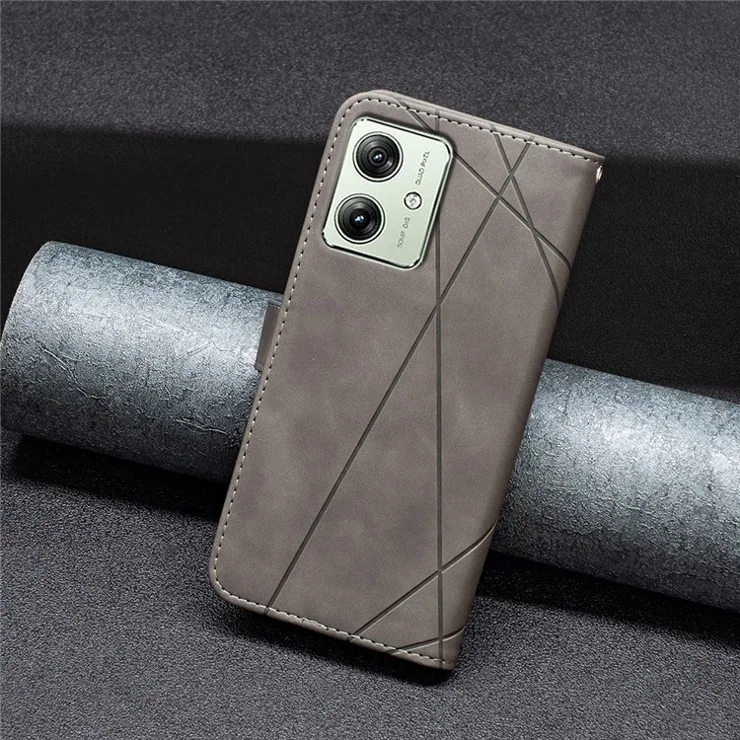 BINFEN COLOR For Motorola Moto G54 5G Phone Cases Wallet Stand Geometry Imprinted Leather Cover - Grey