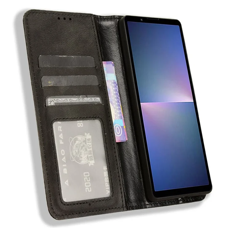 For Sony Xperia 5 V Case Magnetic Closing Retro Leather Wallet Stand Phone Cover - Black