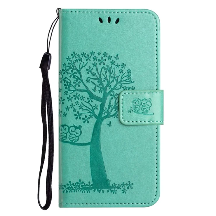 For Samsung Galaxy A15 5G Case Owl Tree Imprinted Leather Flip Phone Cover with Wallet - Cyan