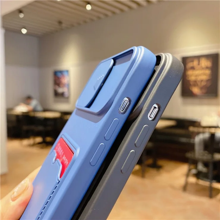 For iPhone 15 Pro Case Card Holder TPU Phone Cover with Sliding Lens Lid - Blue