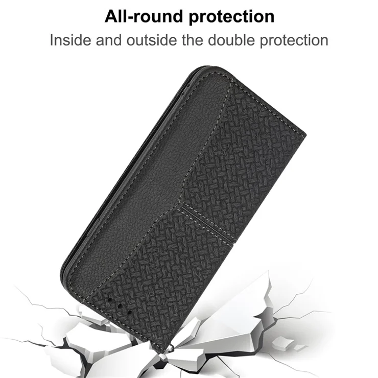 For iPhone 15 Pro Case Woven Texture Leather Wallet Mobile Phone Cover with Strap - Black