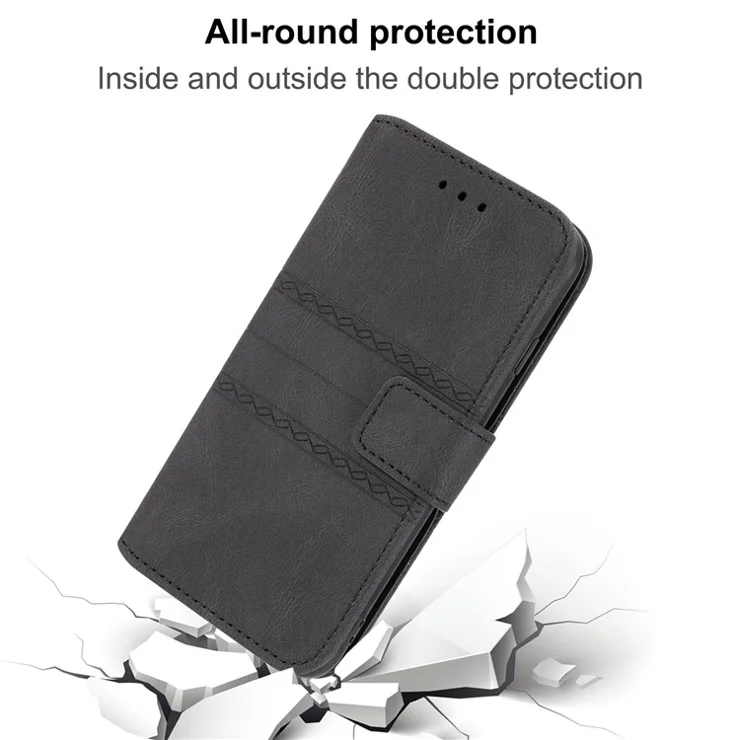 For iPhone 15 Plus Case Imprinted PU Leather Wallet Anti-drop Phone Cover with Strap - Black