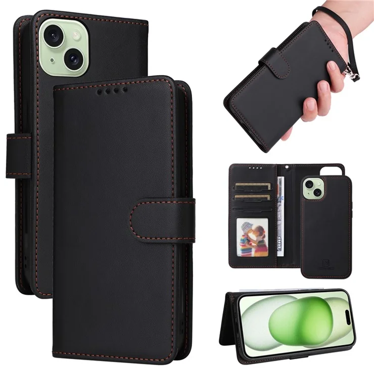 For iPhone 15 Plus Magnetic Case BETOPNICE Detachable PU Leather Phone Cover with Strap - Black