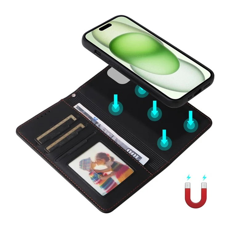 For iPhone 15 Plus Magnetic Case BETOPNICE Detachable PU Leather Phone Cover with Strap - Black