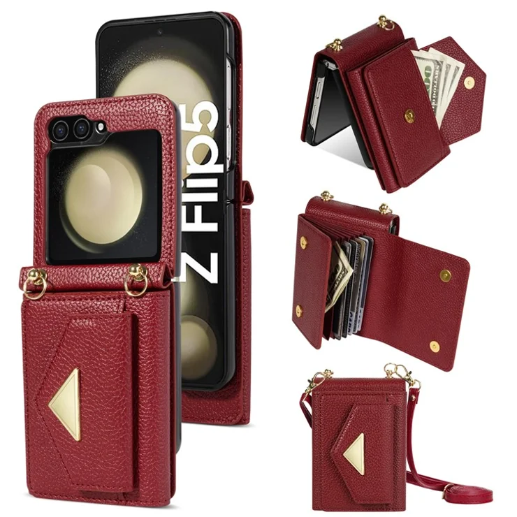 For Samsung Galaxy Z Flip5 5G Case Card Bag Design Leather+PC Cover with Shoulder Strap - Wine Red