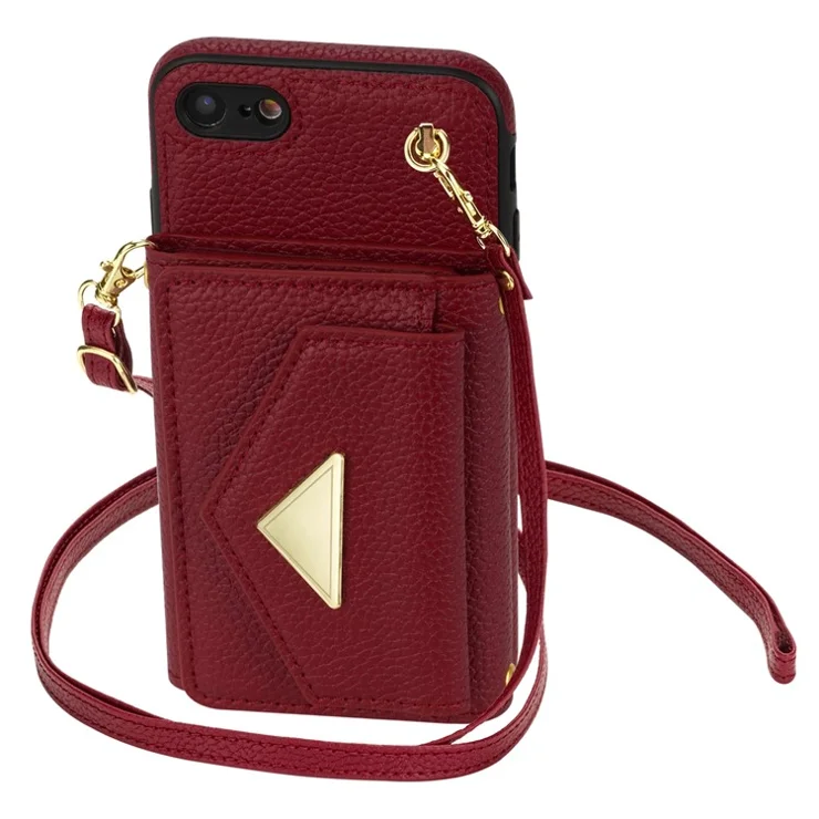 For iPhone 7 / 8 / SE (2020) / SE (2022) Case Leather+TPU Card Holder Shell with Shoulder Strap - Wine Red