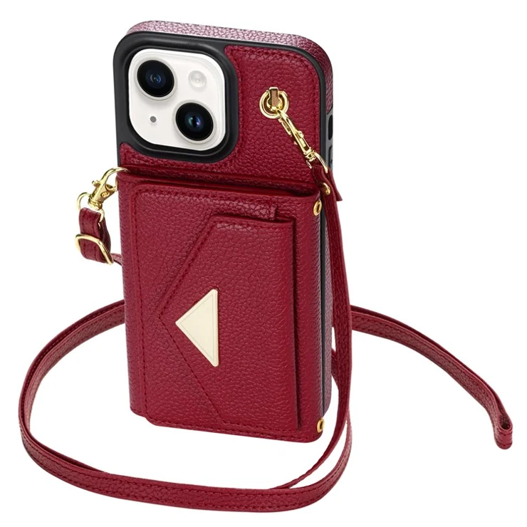 For iPhone 15 Case Bump Proof PU Leather+TPU Card Holder Cover with Shoulder Strap - Wine Red