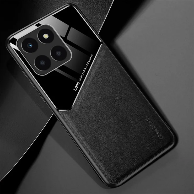 For Honor X6a 4G Case Leather+TPU+PC Phone Back Cover with Car Mount Metal Sheet - Black