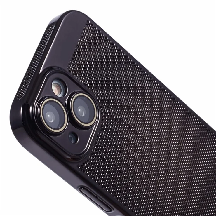 For iPhone 15 Case Heat Dissipation Holes Electroplating PC Phone Cover with Lens Film - Black