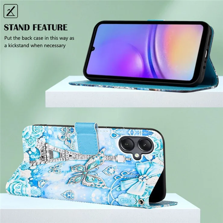 For Samsung Galaxy A15 4G Leather Case with Strap and Card Holder Pattern Printing Phone Stand Cover - Eiffel Tower and Butterfly