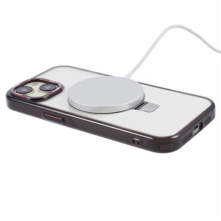 For iPhone 15 Plus Transparent Case TPU+PC Invisible Kickstand Magnetic Phone Cover - Black