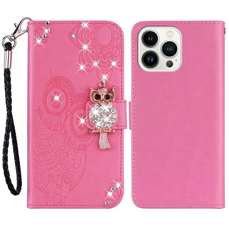 For iPhone 15 Pro Max Leather Case Rhinestone Decor Owl Pattern Phone Stand Wallet Cover - Rose