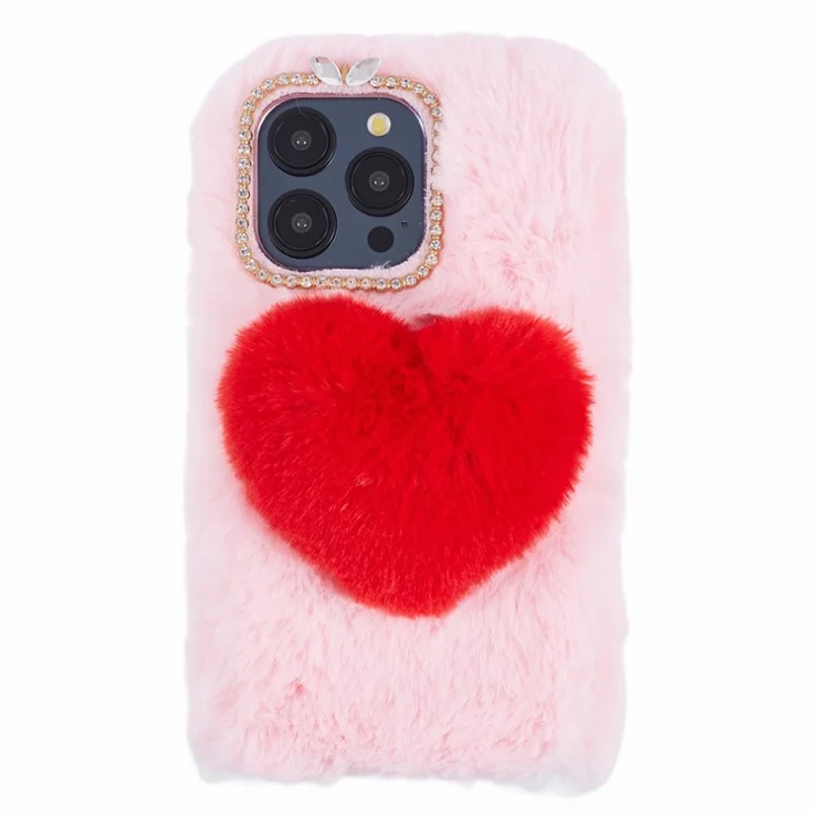 For iPhone 15 Pro Case Fluffy Plush + TPU Love Heart Shock-absorbing Phone Cover - Pink