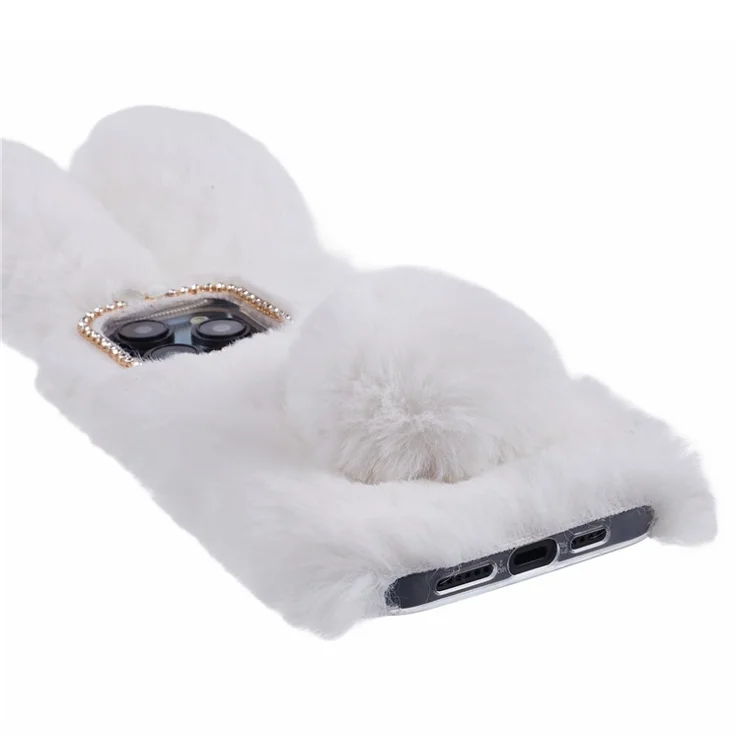 For iPhone 15 Pro Max Fluffy Furry 3D Bunny Ears Case Shockproof TPU Back Phone Cover - White