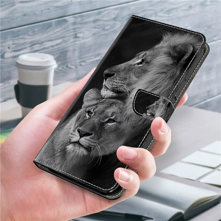 Pattern Printing Leather Case for Xiaomi Redmi 10C 4G Case Anti-Drop Wallet Phone Case - Couple Lions