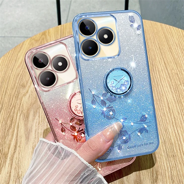 KADEM For Realme C53 (Global) / C53 (India) / C51 / Narzo N53 4G Case Glitter Flower Pattern TPU Cover with Ring Kickstand - Blue