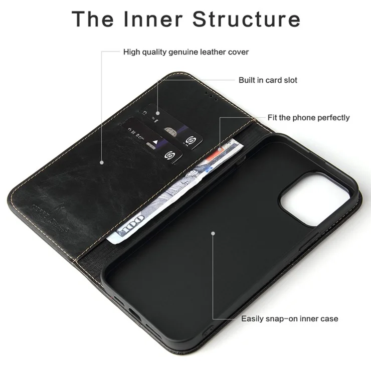 For iPhone 15 Pro Case PU Leather Stand Cell Phone Cover Wallet Tree Texture Shell - Black