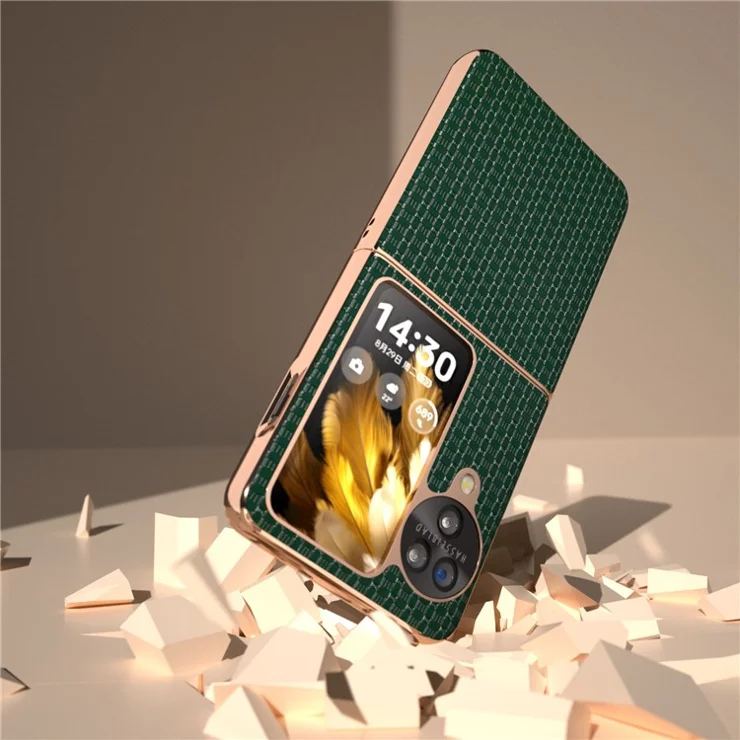 For Oppo Find N3 Flip 5G Case Genuine Cow Leather Coated PC Folding Phone Cover - Green