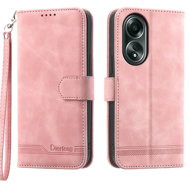 DIERFENG DF-03 Flip Phone Cover for Oppo A58 4G Case Lines Imprinted Wallet Stand Mobile Leather Shell - Pink