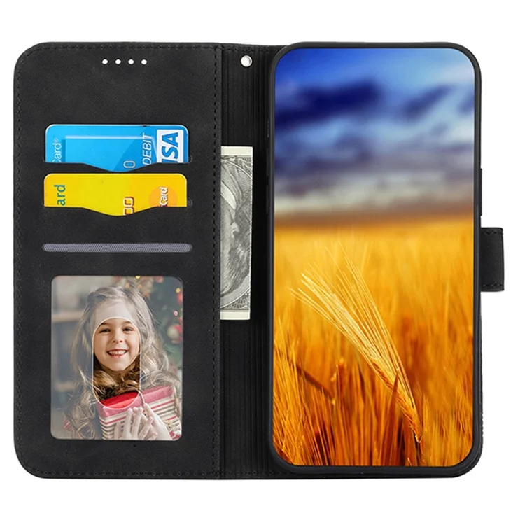 DIERFENG DF-03 Flip Phone Cover for Oppo A58 4G Case Lines Imprinted Wallet Stand Mobile Leather Shell - Black