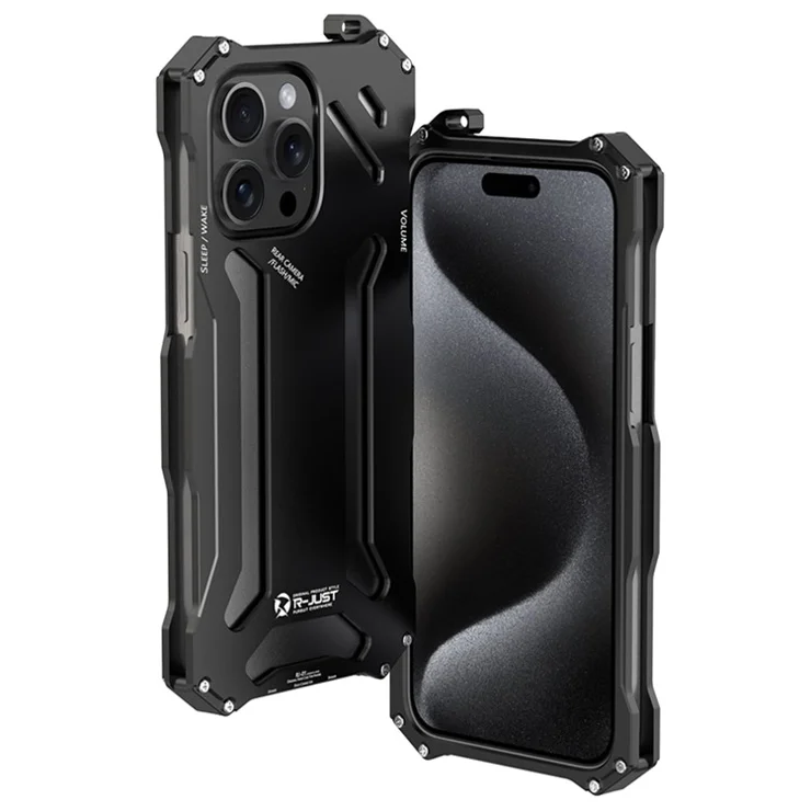 R-JUST Mechanical Armor For iPhone 15 Pro Max Metal Case Hollow Design Phone Protective Cover - Black