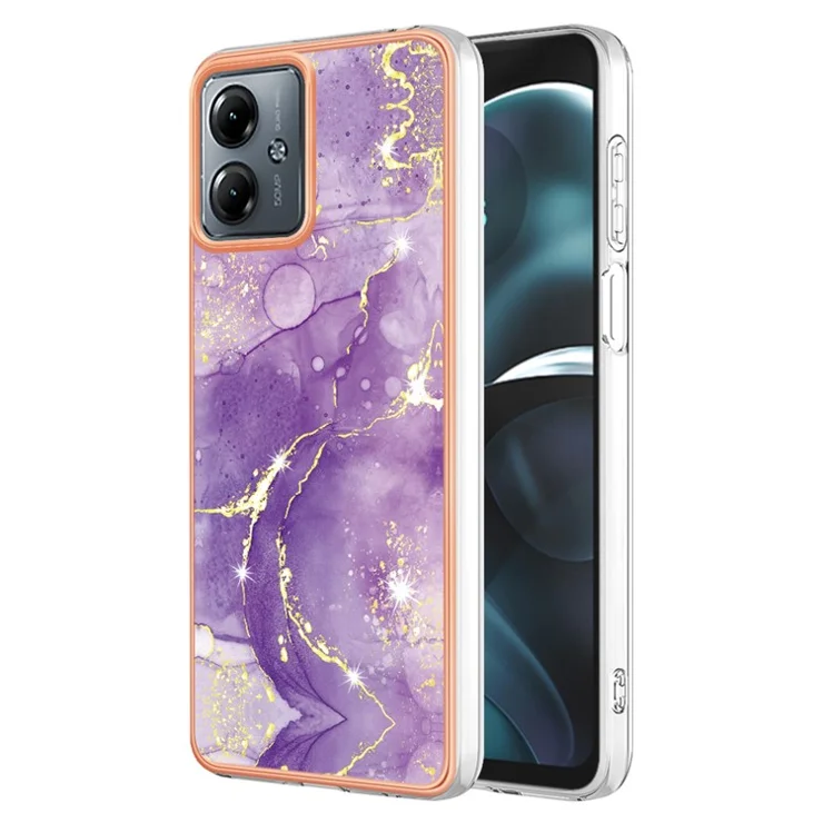 For Motorola Moto G14 4G TPU Case with IMD Marble Pattern Electroplated Back Cover - Purple 002