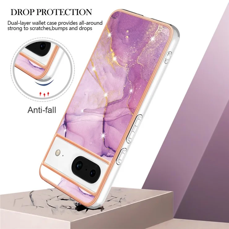 For Google Pixel 8 TPU Case with IMD Marble Pattern Electroplated Back Cover - Purple 001