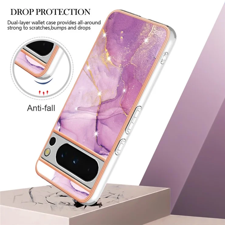 For Google Pixel 8 Pro TPU Case with IMD Marble Pattern Electroplated Back Cover - Purple 001