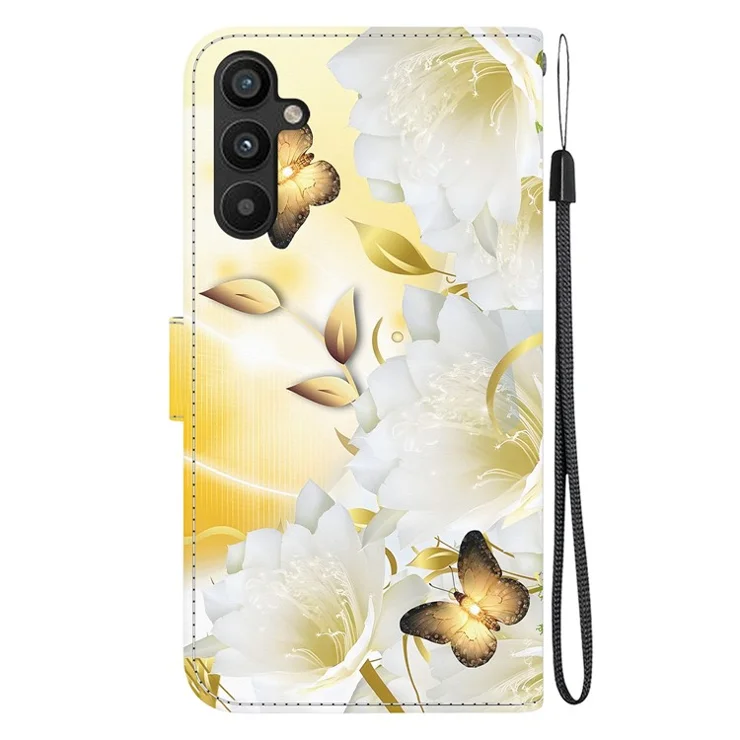 For Samsung Galaxy A34 5G Case Wallet PU Leather Pattern Phone Cover - Gold Butterfly Flower