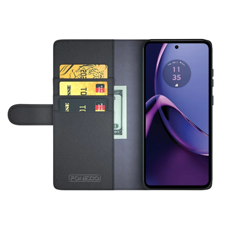 For Motorola Moto G84 5G Case Genuine Split Leather Phone Cover with Wallet Stand - Black