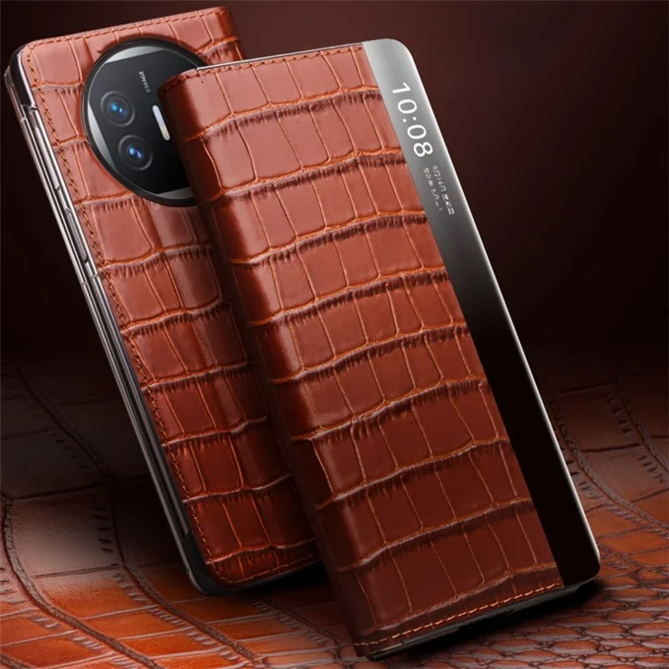QIALINO For Huawei Mate X5 Case Genuine Cow Leather View Window Phone Cover - Brown
