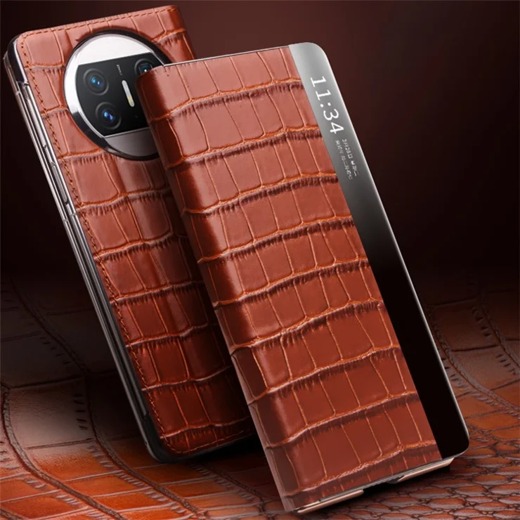 QIALINO For Huawei Mate X3 5G Case Stand Genuine Cow Leather View Window Phone Cover - Brown