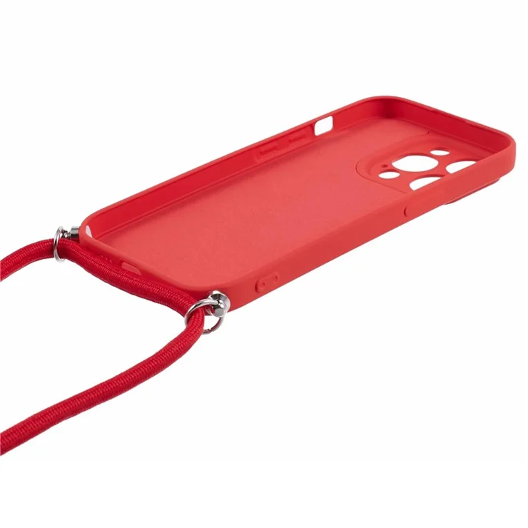 For iPhone 15 Pro Max TPU Case Precise Cutout Rubberized Cover with Long Lanyard - Red