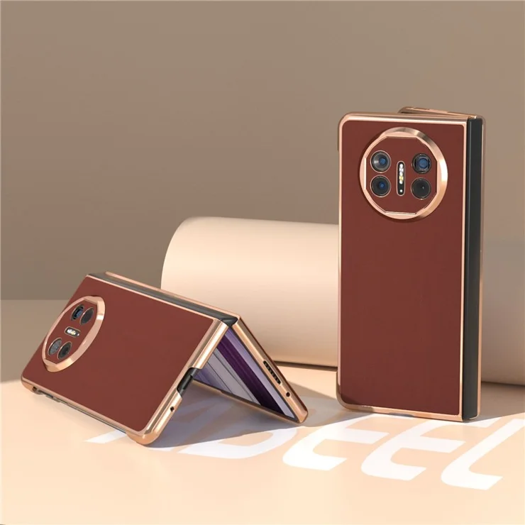 For Huawei Mate X5 Case Genuine Cow Leather+PC Silky Feeling Electroplating Phone Cover - Coffee