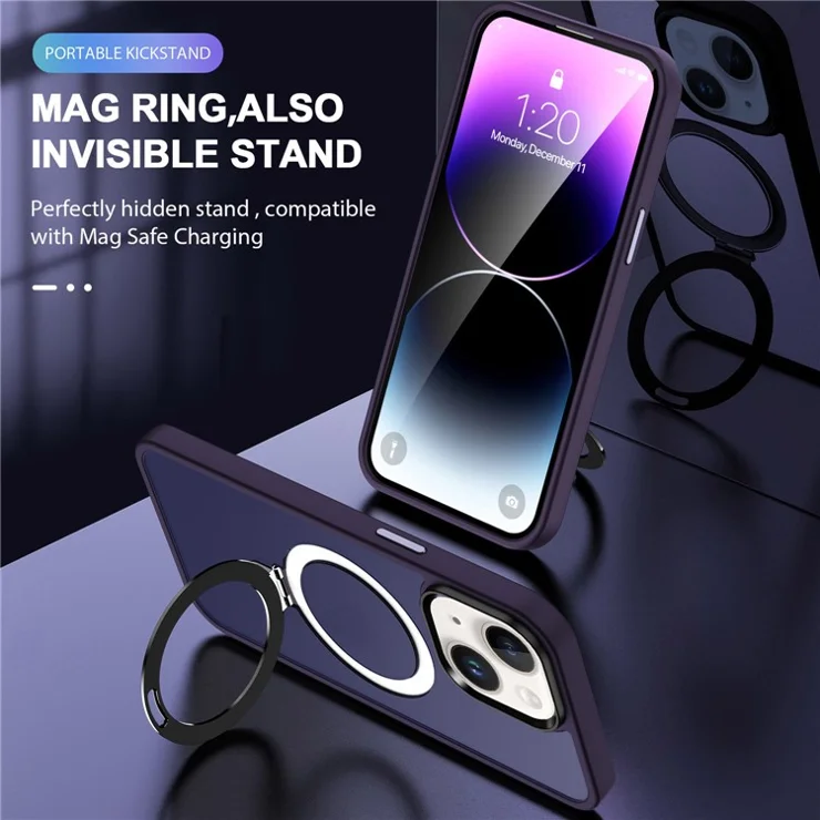 For iPhone 15 Case PC+TPU Shell Magnetic Phone Cover with Ring Kickstand - Dark Purple