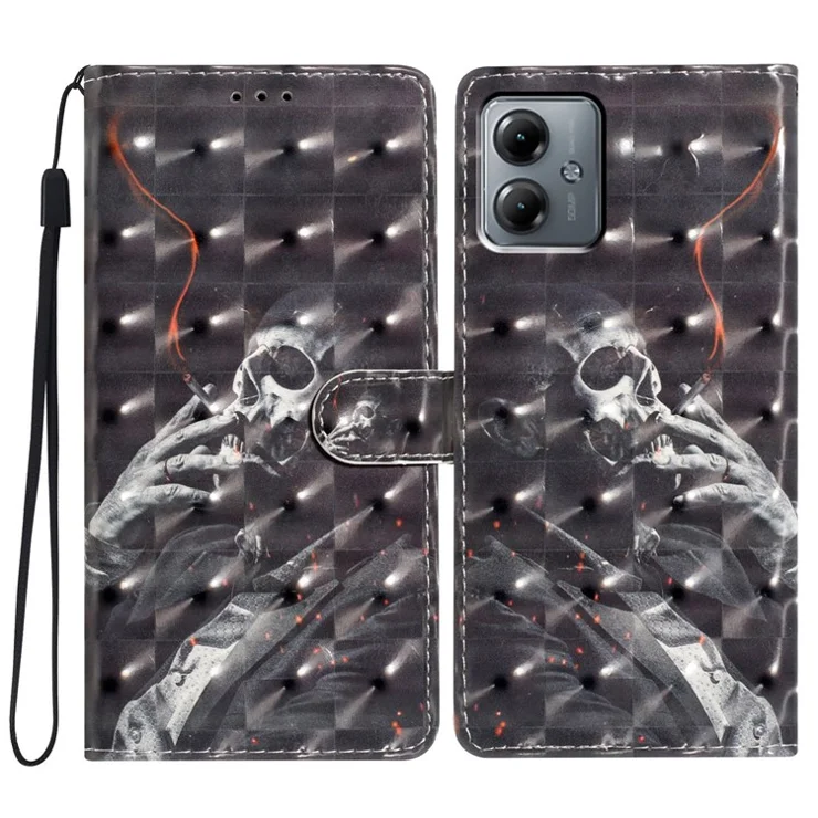 For Motorola Moto G14 4G Case 3D Pattern Print Leather Phone Cover - Smoking Skeleton