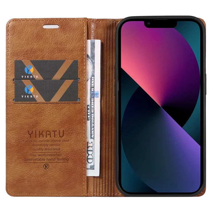 YIKATU YK-006 For iPhone 14 Case Leather Wallet Magnetic Closing Phone Protective Shell - Brown