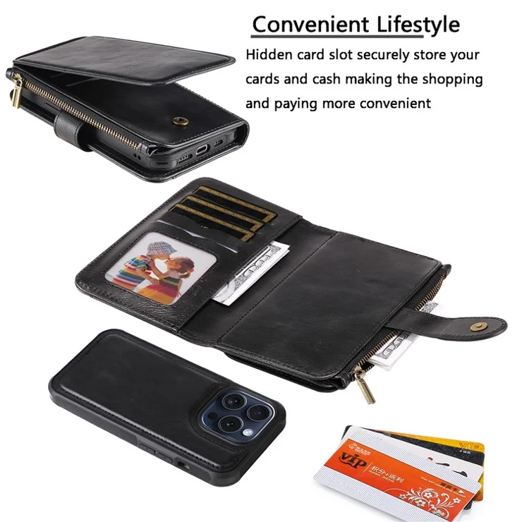 For iPhone 15 Pro Magnetic Case Detachable PU Leather Zipper Wallet Cover - Black