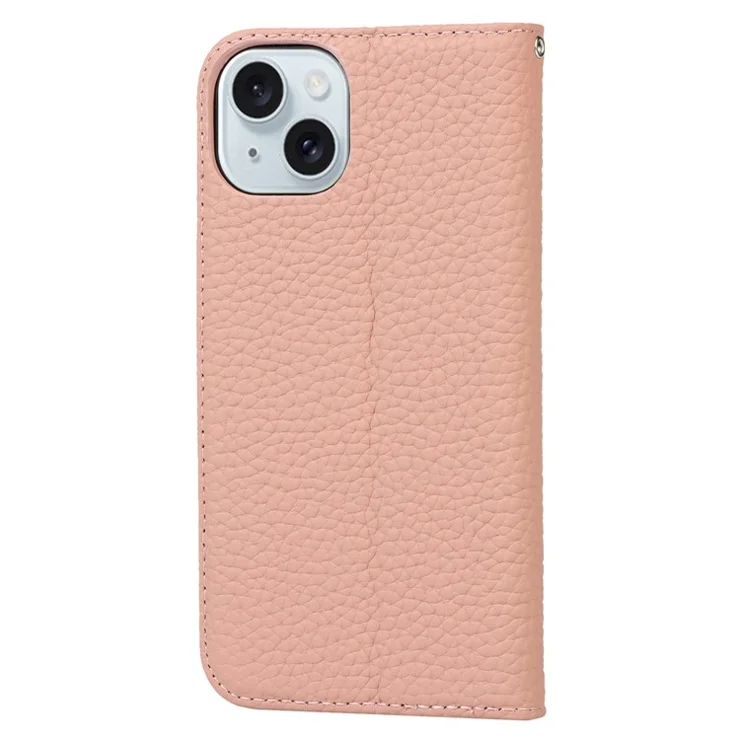 For iPhone 15 Plus Case Litchi Texture Genuine Cow Leather Cell Phone Cover Stand Wallet - Pink