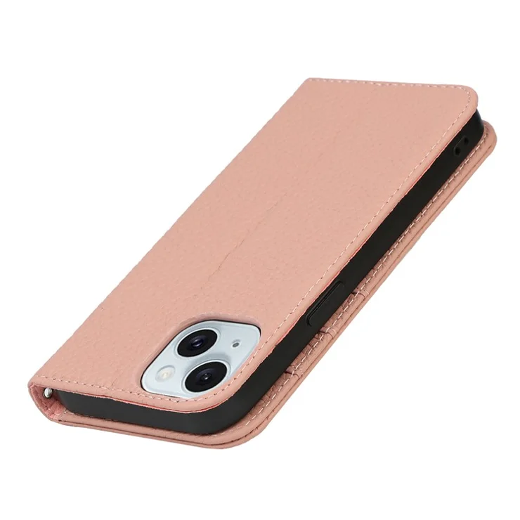 For iPhone 15 Plus Case Litchi Texture Genuine Cow Leather Cell Phone Cover Stand Wallet - Pink