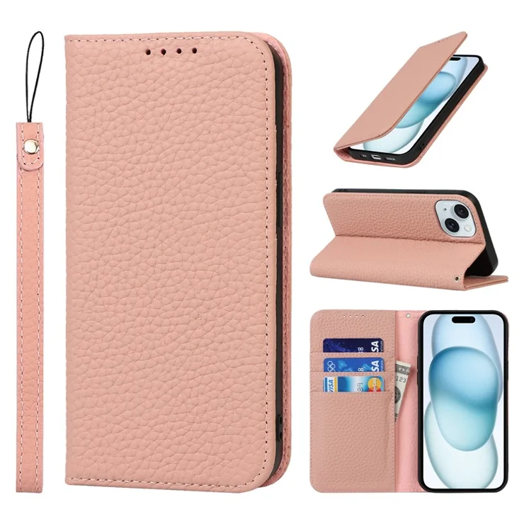 For iPhone 15 Plus Case Litchi Texture Genuine Cow Leather Cell Phone Cover Stand Wallet - Pink